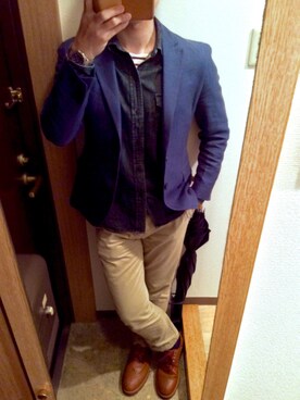 「no brand（ノーブランド）のアイテム（テーラードジャケット、ブルー系）」を使った、gouyanさん（メンズ・174cm）の春コーディネート