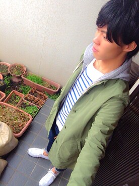 「SHIPS JET BLUE（シップスジェットブルー）のアイテム（ステンカラーコート）」を使った、MIYAMOTOさん（メンズ・175cm）の春コーディネート