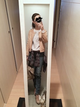 「アイテム（ライダースジャケット）」を使った、mamemameさん（レディース・162cm・30代）の秋コーディネート