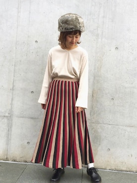 「Kastane（カスタネ）のマルチストライプニットスカート（スカート）」を使った、えぐっちょさん（レディース・157cm）の冬コーディネート