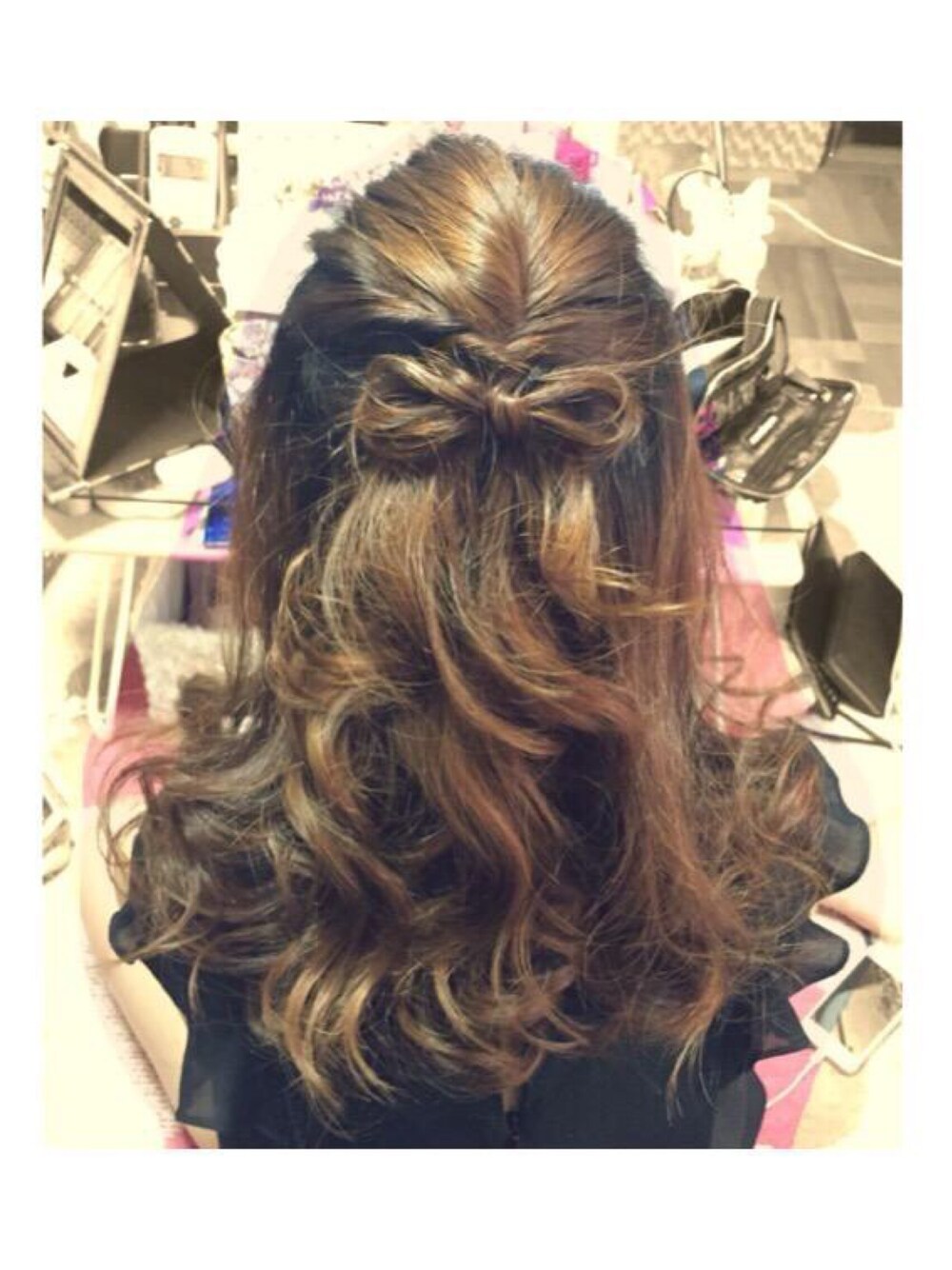 「花火大会、ヘアースタイル、リボン」｜「MIIAのリボンベルトブラウス（シャツ/ブラウス、ブラック系）」を使った、まいちむさん（レディース・151cm）の夏コーディネートの1枚目の写真