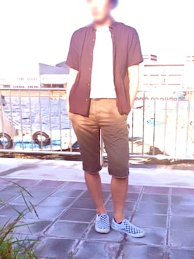 「アイテム（トップス、ブラウン系）」を使った、ryokiyotaさん（メンズ・175cm）の夏コーディネート