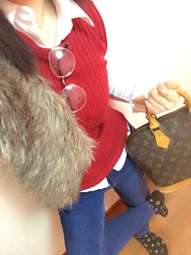 「アイテム（ベスト、レッド系）」を使った、chiiさん（レディース・162cm）の秋コーディネート