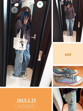 「Lee（リー）のアイテム（カーゴパンツ）」を使った、9さん（レディース・164cm）の冬コーディネート