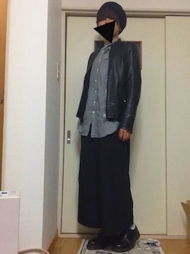 「ノーカラーシャツ」｜「アイテム（ライダースジャケット）」を使った、Kさん（メンズ・169cm）の春コーディネート