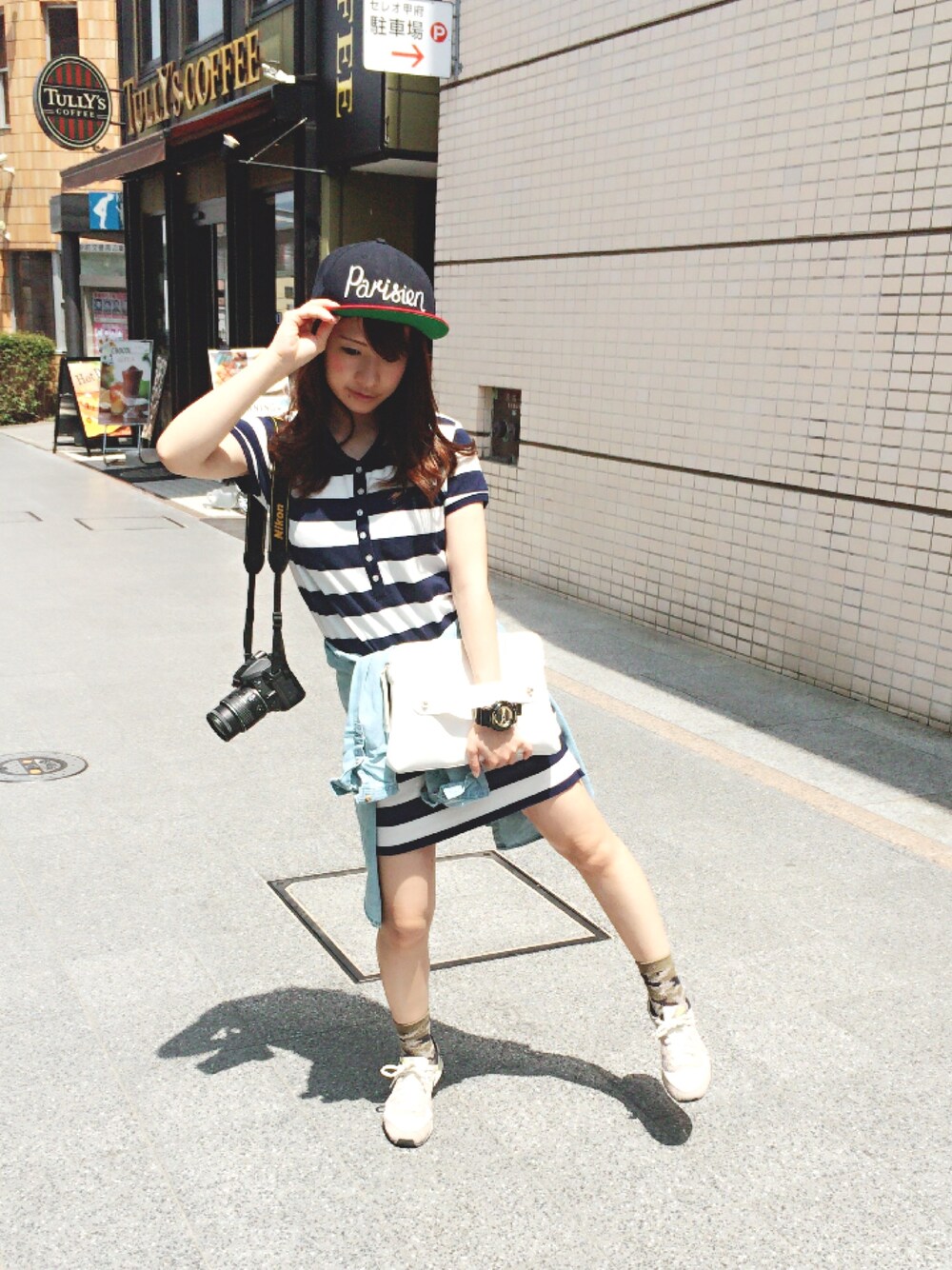「夏、アウトドアスタイル、ボーダー、大人カジュアル、ootd、デニム、休日スタイル」｜「FOREVER 21のFOREVER 21 Striped Polo Shirt Dress（ワンピース、ブルー系）」を使った、とら☆さん（レディース・152cm）の夏コーディネートの1枚目の写真