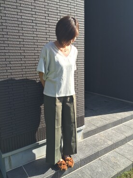 「KBF（ケイビーエフ）のアイテム（シャツ/ブラウス、グレー系）」を使った、RIONさん（レディース・157cm）の春コーディネート