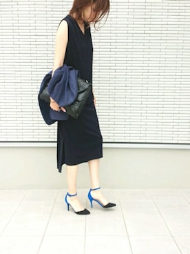 「黒ワンピ」｜「アイテム（ノーカラージャケット）」を使った、みーほさん（レディース・162cm）の夏コーディネート