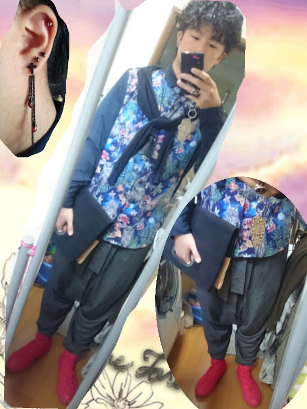 「赤いスニーカー、サルエル、柄シャツ、肩掛け、クラッチバッグ、軟骨ピアス」｜「DIET BUTCHERのトロピカルシャツ（シャツ/ブラウス、ブルー系）」を使った、Kyoheiさん（メンズ・170cm）の秋コーディネートの1枚目の写真