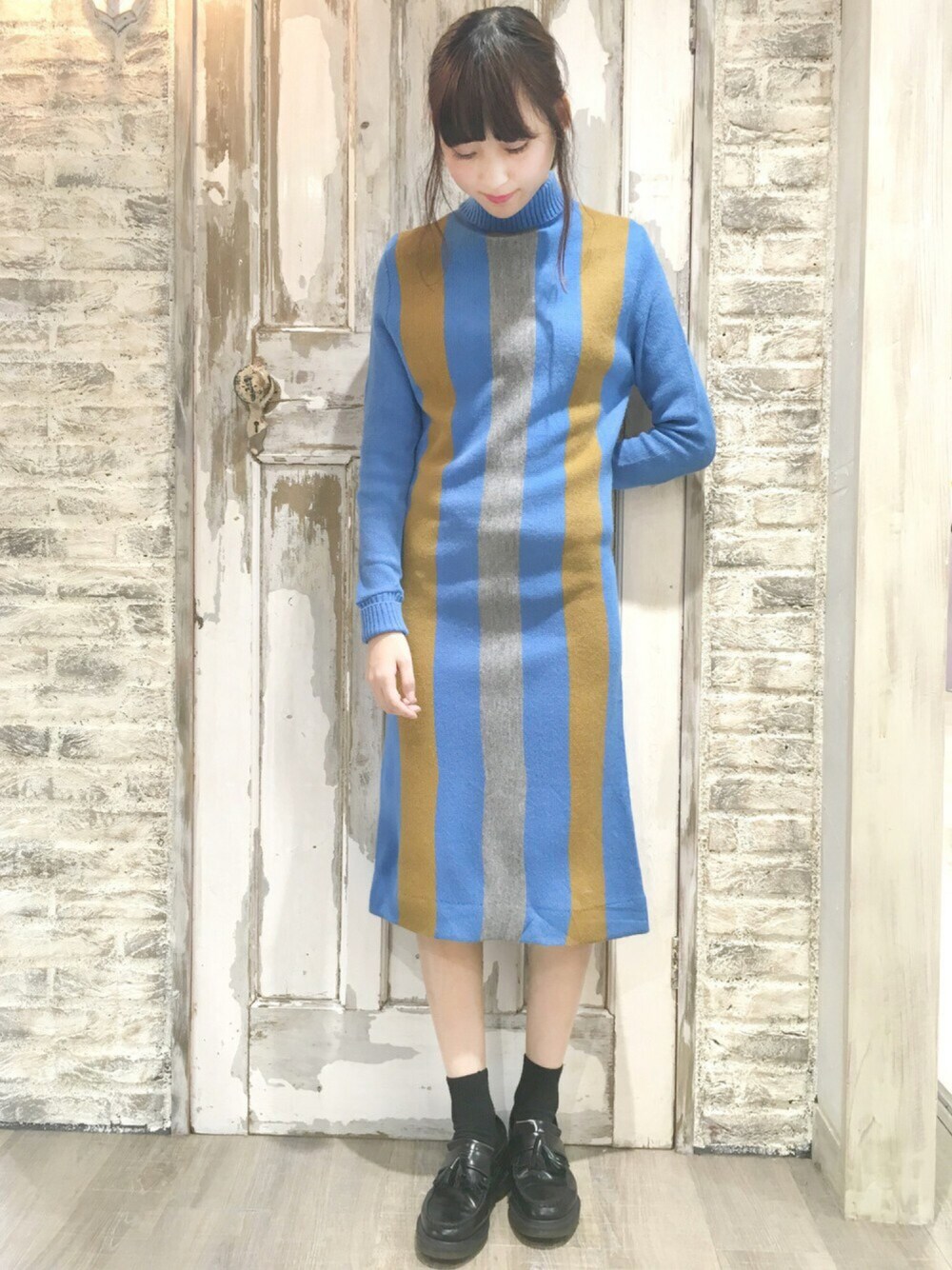 「LEBECCA boutique、vintage、vintage style、ストライプ、ニットワンピース、ootd、古着、60’s、50's、70's」｜「LEBECCA boutiqueのアイテム（ワンピース、ブルー系）」を使った、lebeccaboutique0312さん（レディース・158cm）の秋コーディネートの1枚目の写真