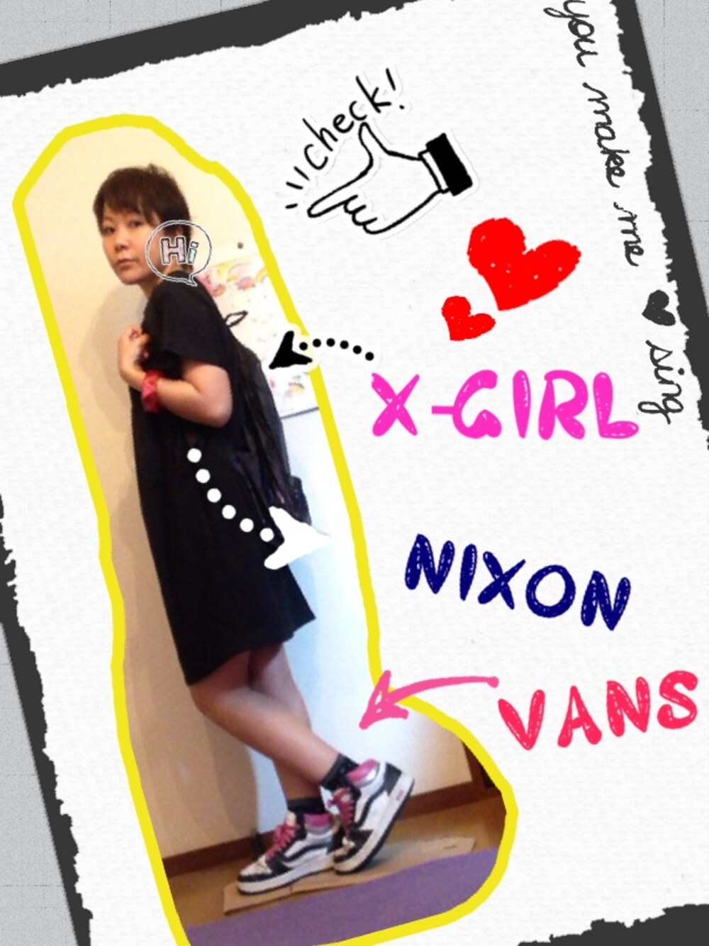 「スニーカー、ワンピース、VANS、x-girl、NIXON、黒ワンピ、黒×ピンク、スニーカー×靴下、ショートカット、差し色(ピンク)」｜「X-girlの宝島社ブランドムック本付録（バックパック/リュック、ブラック系）」を使った、kanadeさん（レディース・156cm）の夏コーディネートの1枚目の写真