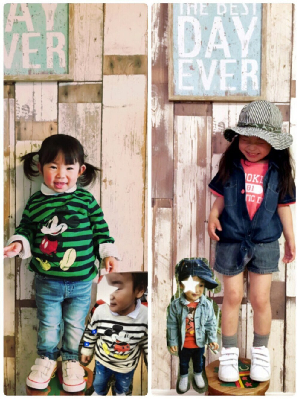 グリーン系のトップス、ブルー系のパンツ、ブルー系のデニムパンツを着用したキッズの春コーディネートの1枚目の写真