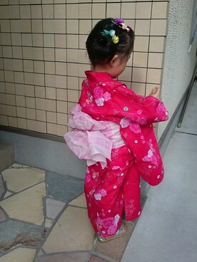 「アイテム（水着/着物・浴衣、レッド系）」を使った、Yuka Okamotoさん（キッズ・90cm）の夏コーディネート