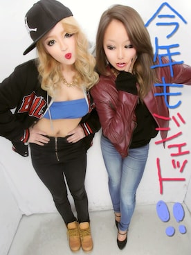 「アイテム（ライダースジャケット、レッド系）」を使った、kyoukaさん（レディース・155cm）の冬コーディネート