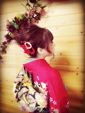 「アイテム（水着/着物・浴衣、レッド系）」を使った、Aiko Soneさん（レディース・162cm）の冬コーディネート