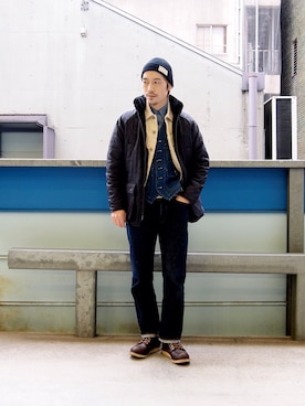 「RRL（ダブル アール エル）のアイテム（ニットキャップ/ビーニー）」を使った、Yasuhiro  Tsukamotoさん（メンズ・170cm）の冬コーディネート