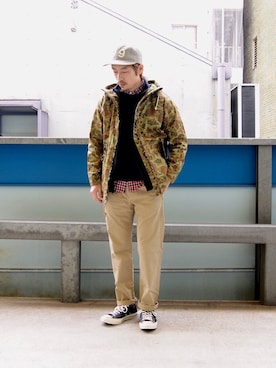 「PENFIELD USA（ペンフィールドユーエスエー）のアイテム（マウンテンパーカー）」を使った、Yasuhiro  Tsukamotoさん（メンズ・170cm）の冬コーディネート