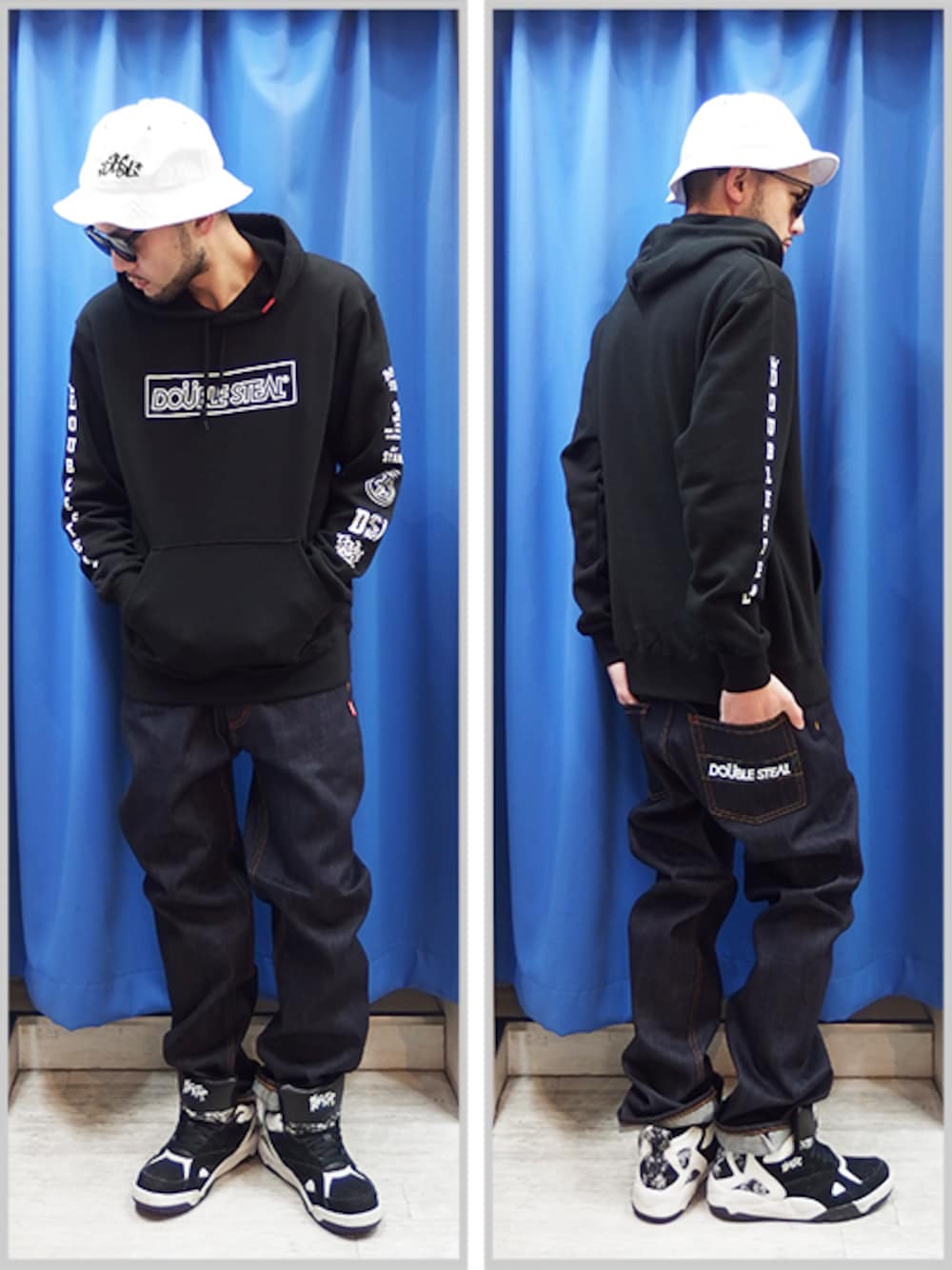 ブラック系のパーカー、ブルー系のデニムパンツ、ホワイト系のハットを着用したメンズの冬コーディネートの1枚目の写真