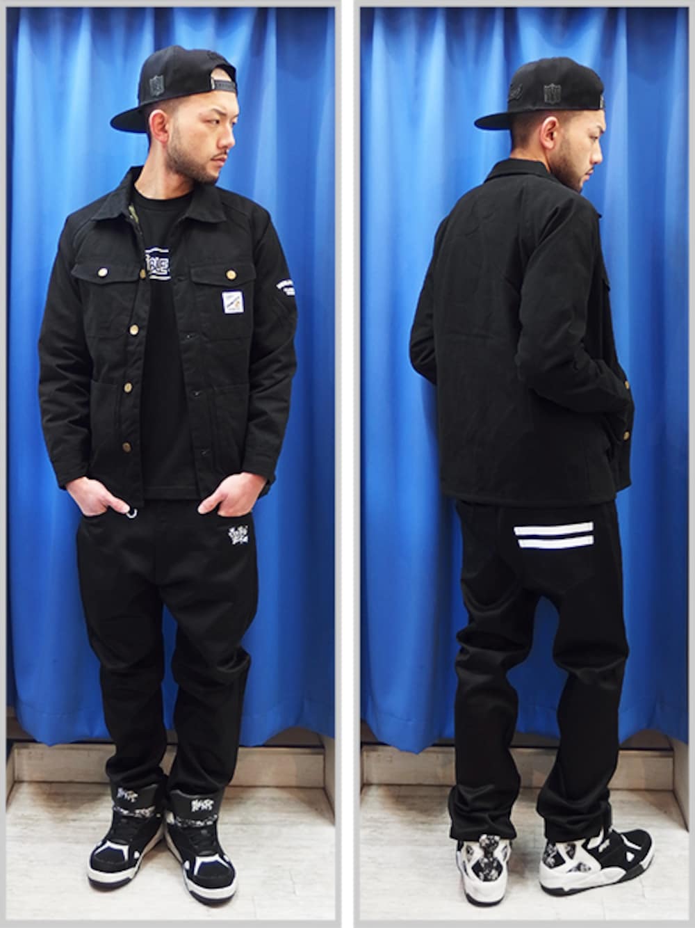 ブラック系のカバーオール、ブラック系のTシャツ/カットソー、ブラック系のチノパンツを着用したメンズの冬コーディネートの1枚目の写真