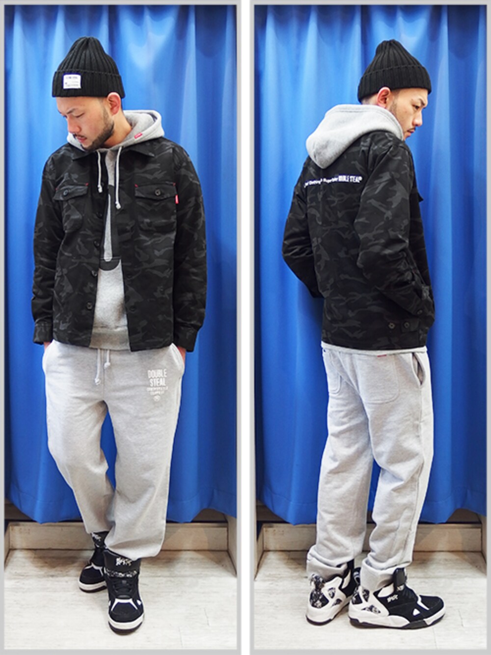 ブラック系のミリタリージャケット、グレー系のパーカー、グレー系のその他パンツを着用したメンズの冬コーディネートの1枚目の写真