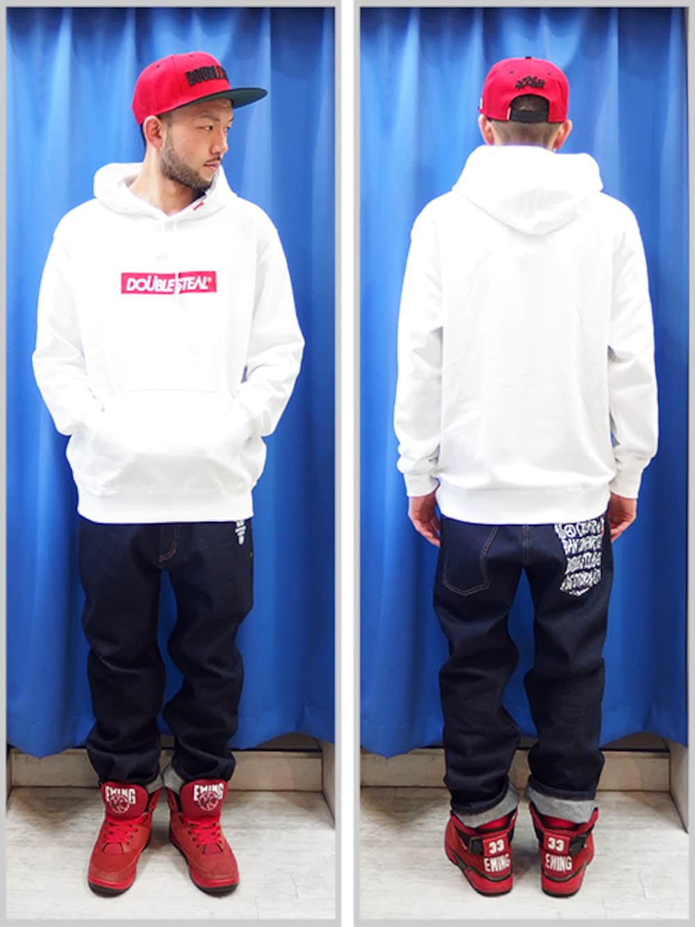 ホワイト系のパーカー、ホワイト系のデニムパンツ、レッド系のスニーカーを着用したメンズの冬コーディネートの1枚目の写真