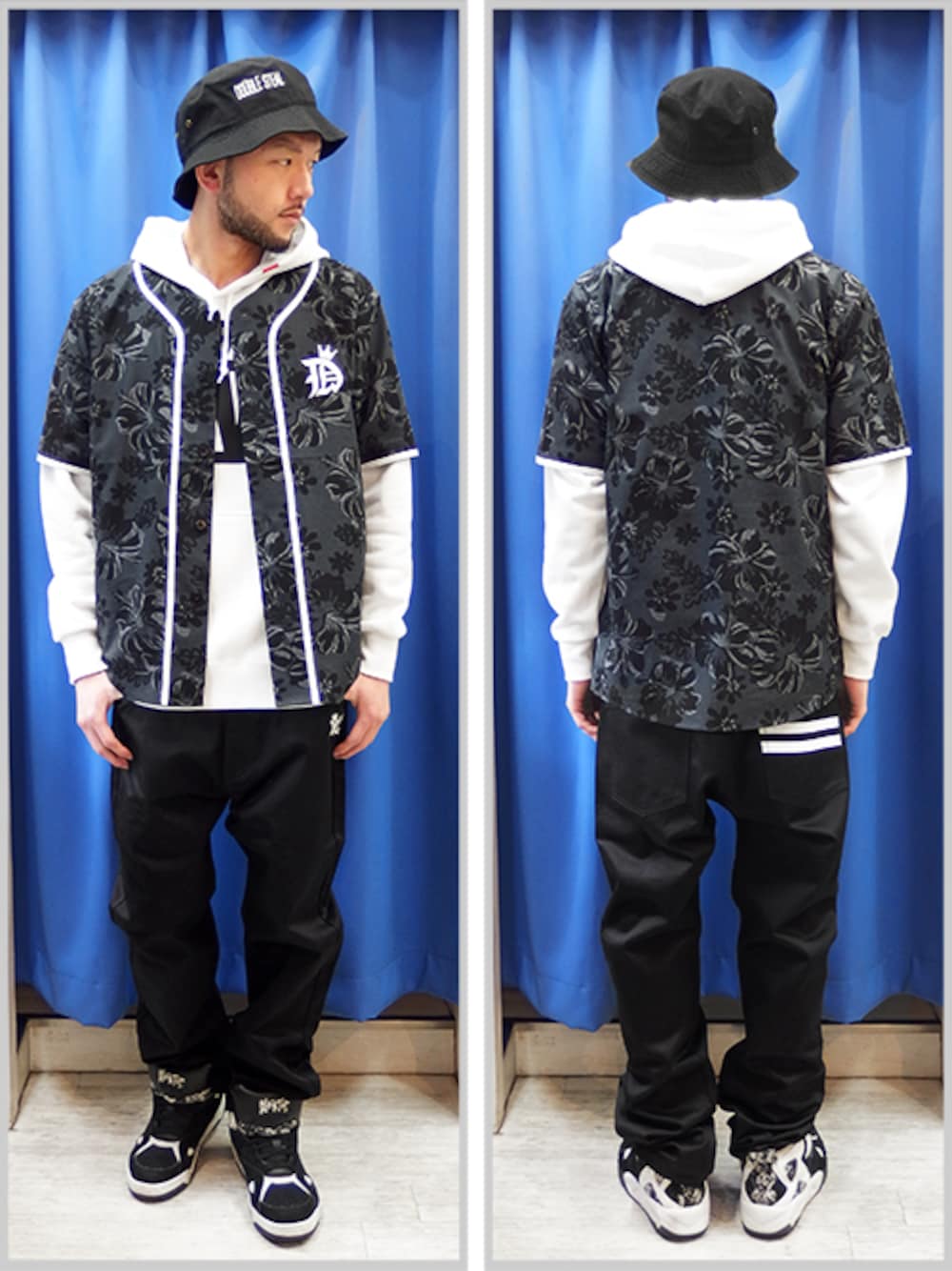 グレー系のシャツ/ブラウス、ホワイト系のパーカー、ブラック系のチノパンツを着用したメンズの春コーディネートの1枚目の写真