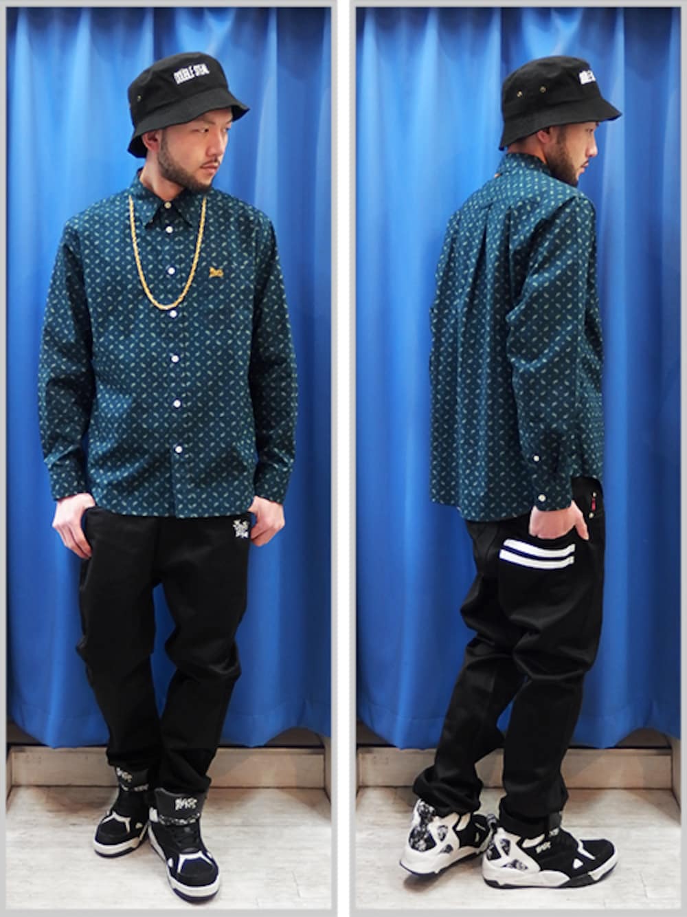 グリーン系のシャツ/ブラウス、ブラック系のチノパンツ、ブラック系のハットを着用したメンズの春コーディネートの1枚目の写真