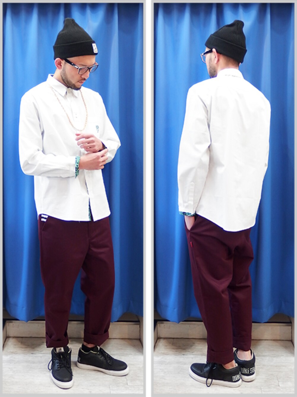 ホワイト系のシャツ/ブラウス、レッド系のチノパンツ、ブラック系のスニーカーを着用したメンズの春コーディネートの1枚目の写真