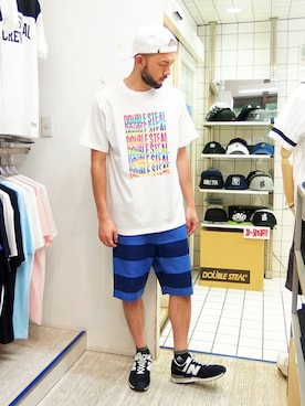 「DOUBLE STEAL（ダブルスティール）のBORDER ハーフパンツ（その他パンツ）」を使った、MA$SAさん（メンズ・173cm）の夏コーディネート