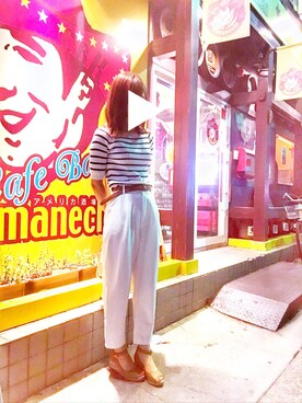 「SPINNS（スピンズ）のアイテム（その他パンツ、ホワイト系）」を使った、mih☻さん（レディース・160cm）の夏コーディネート