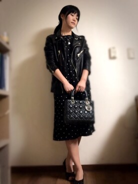 「ドットワンピ」｜「アイテム（ライダースジャケット）」を使った、jinさん（レディース・163cm）の春コーディネート
