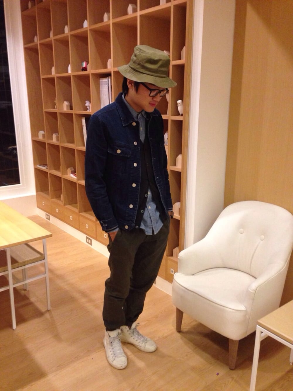 「Entrance、無印良品、komono、MUJI、winter」｜「無印良品のアイテム（ハット、グリーン系）」を使った、Mさん（メンズ・175cm）の冬コーディネートの1枚目の写真