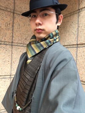 「アイテム（浴衣、ブラウン系）」を使った、神戸・元町丸太やさん（メンズ・169cm）の冬コーディネート