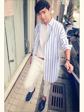 「WHILE（ワイル）のアイテム（その他シューズ）」を使った、周一尾さん（メンズ・172cm）の夏コーディネート