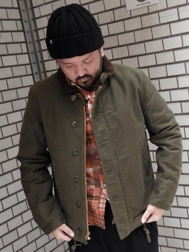 「アイテム（ニットキャップ/ビーニー）」を使った、tinyworldさん（メンズ・173cm）の冬コーディネート