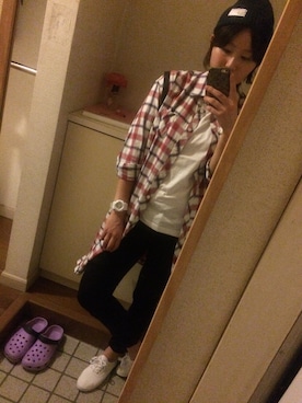 「アイテム（シャツワンピース、レッド系）」を使った、kimiさん（レディース・161cm）の春コーディネート