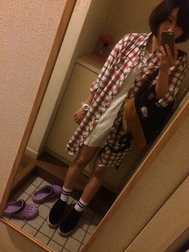 「アイテム（シャツワンピース、レッド系）」を使った、kimiさん（レディース・161cm）の春コーディネート