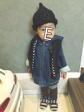 「1歳半」｜「アイテム（デニムジャケット）」を使った、chaさん（キッズ・80cm）の冬コーディネート