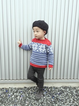 「息子コーデ」｜「アイテム（ハンチング/ベレー帽）」を使った、chiroさん（キッズ・90cm）の冬コーディネート