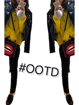 「yellow」｜「アイテム（ライダースジャケット）」を使った、Sさん（レディース・156cm）の秋コーディネート