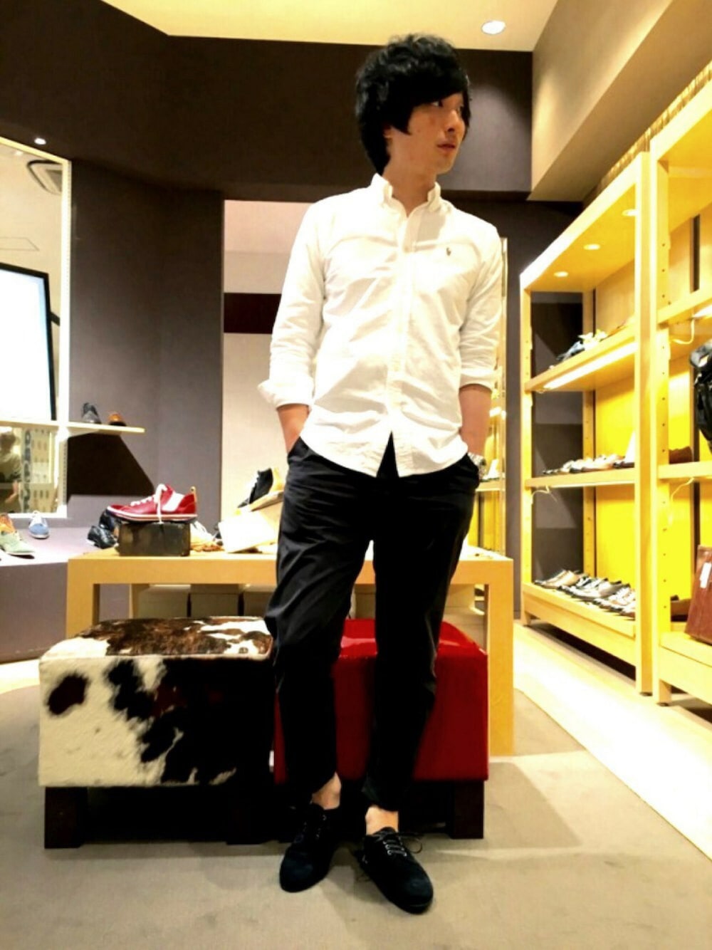 「alfredoBANNISTERのアイテム（ドレスシューズ、ブルー系）」を使った、tさん（メンズ・175cm）の夏コーディネートの1枚目の写真