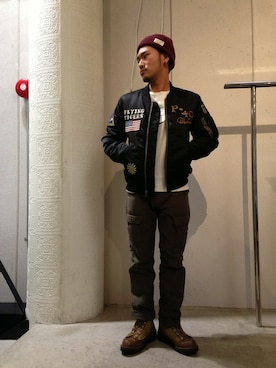 「ニットキャップ」｜「アイテム（MA-1）」を使った、Urusidairaさん（メンズ・166cm）の冬コーディネート