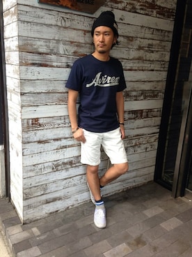 「AVIREX（アヴィレックス）のavirex/ アヴィレックス / メンズ/直営別注商品/スプレーロゴ　半袖Tシャツ　（Tシャツ/カットソー）」を使った、Urusidairaさん（メンズ・166cm）の春コーディネート