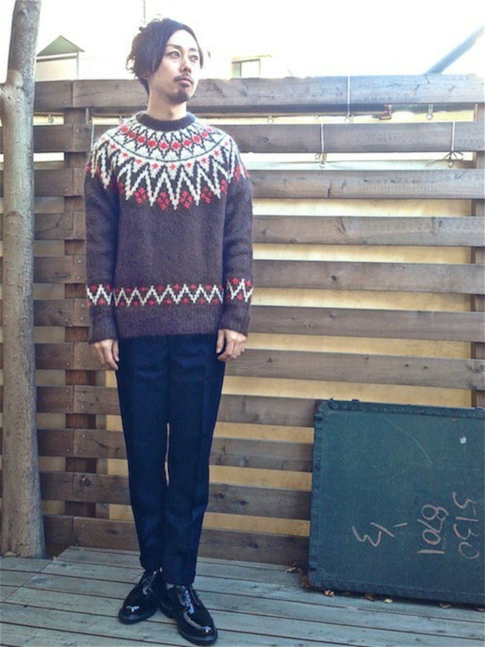 「ニット、柄ニット、アランニット」｜「SUNNY  SPORTSのSUNNY SPORTS/サニースポーツ NORDIC SWEATER（ニット/セーター、ブラウン系）」を使った、kitazawaさん（メンズ・175cm）の冬コーディネートの1枚目の写真