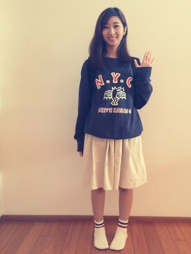 「Keith Haring（キース・ヘリング）のアイテム（スウェット）」を使った、mina＊さん（レディース・156cm）の秋コーディネート