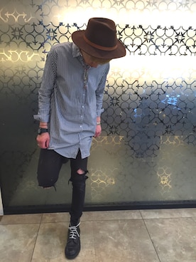 「NEW YORK HAT（ニューヨークハット）のアイテム（ハット、ブラウン系）」を使った、たけちぇる！さん（メンズ・178cm）の夏コーディネート
