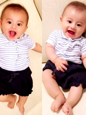 「PETIT BATEAU（プチバトー）のアイテム（ポロシャツ、ホワイト系）」を使った、あーくんさん（キッズ・70cm）の夏コーディネート
