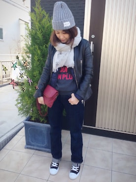 「ロゴニット」｜「アイテム（ライダースジャケット）」を使った、#kyoさん（レディース・155cm）の冬コーディネート