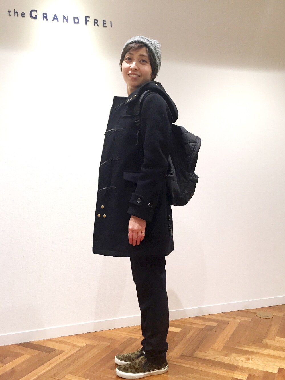 「リュック、ダッフルコート」｜「Scyeのアイテム（ダッフルコート、ブラック系）」を使った、fuyukaさん（レディース・158cm）の冬コーディネートの1枚目の写真