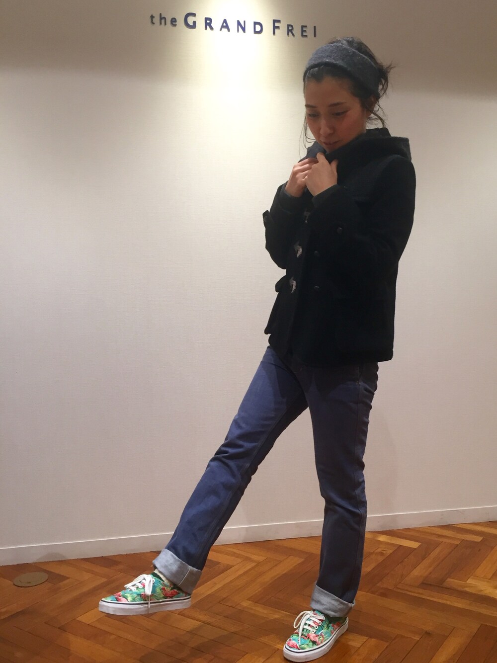 「FRAPBOIS、カジュアル、デニム、VANS、ダッフルコート」｜「FRAPBOISのメルトン / ダッフルコート（ダッフルコート、ブラック系）」を使った、fuyukaさん（レディース・158cm）の冬コーディネートの1枚目の写真